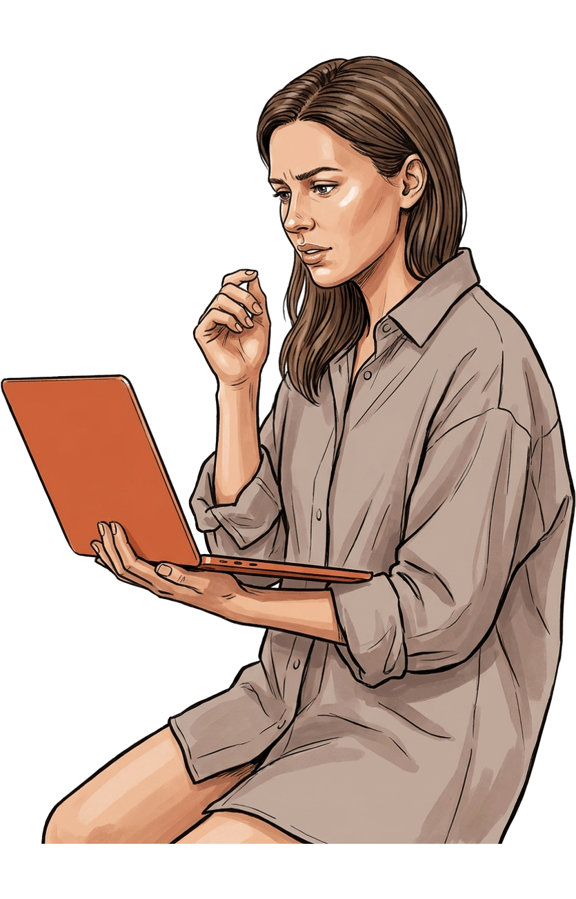 An illustrated participant leaning toward a laptop with a puzzled expression